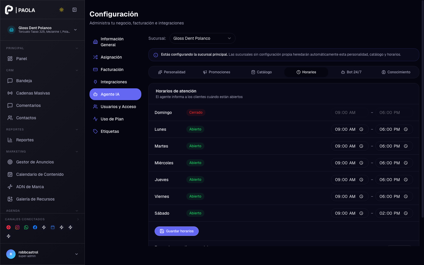 Config IA — Horarios